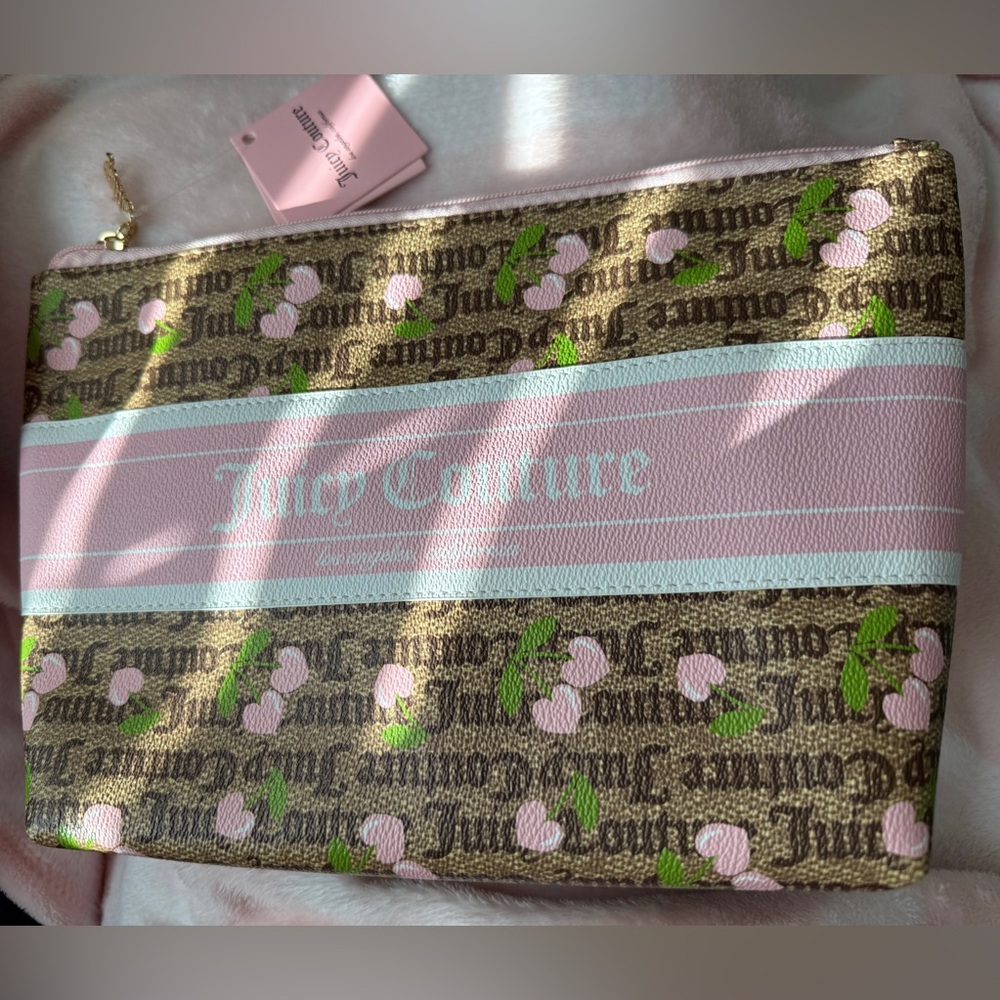 Juicy Couture Makeup Bag Cherry Monogram Pink Stripe Zip Pouch w/ Tag NEW